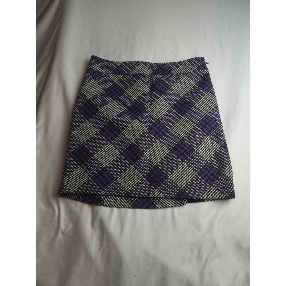 Loft Purple Plaid Houndstooth Tweed Mini Skirt Size 10 A-Line Side Zip